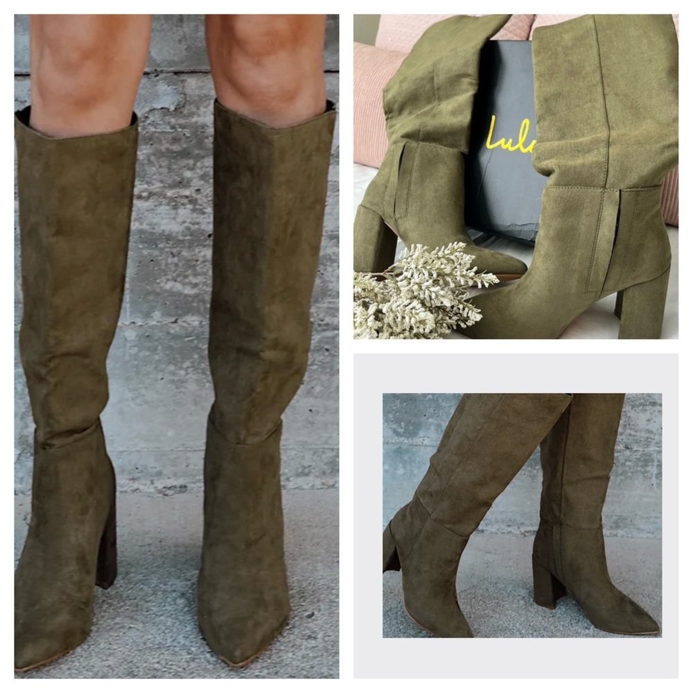 Lulus  Olive Green Suede Pointed-Toe Knee-High Boots
Sizes 6  available